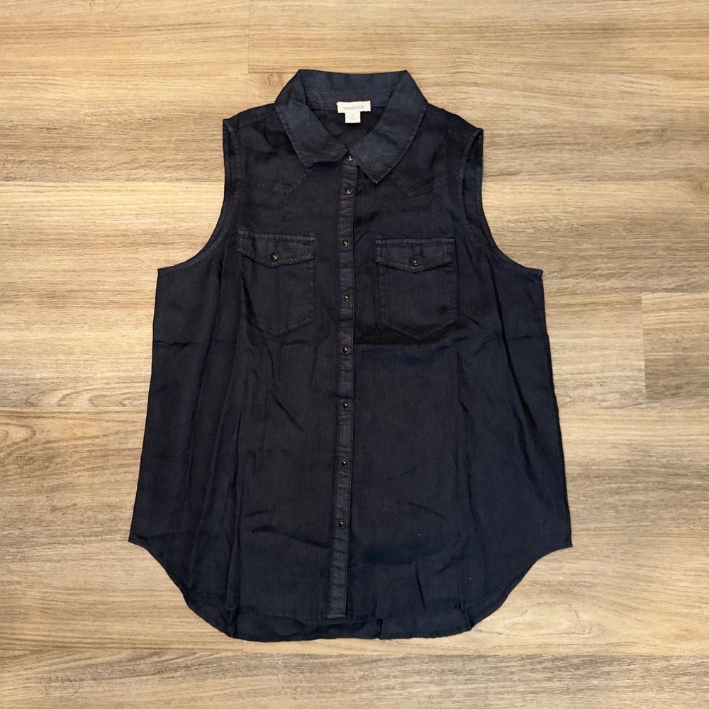 Sundance Manitou Sleeveless Faded‎ Black Linen Western Pearl Snap Top Shirt Sz M